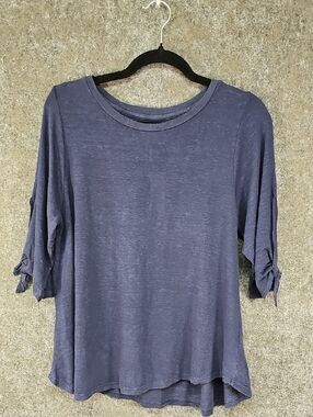Velvet Twisted Hem, Linen Slub Yarn, Tie Sleeve Tee, Navy, Size Medium, NEW